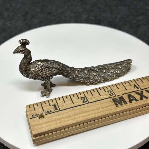 Vintage Cast Metal Peacock Figurine Mini 4" Detailed Elegant Collectible Decor - Picture 1 of 8